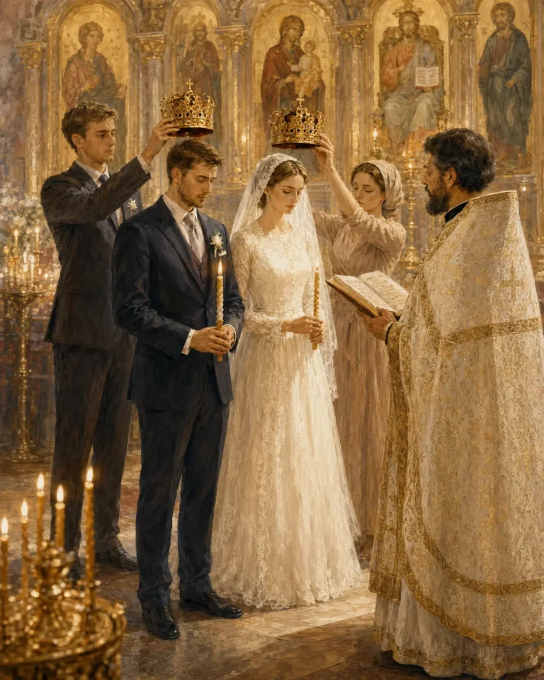 Pravoslavné korunování snoubenců se svědky držícími koruny a knězem s evangeliem